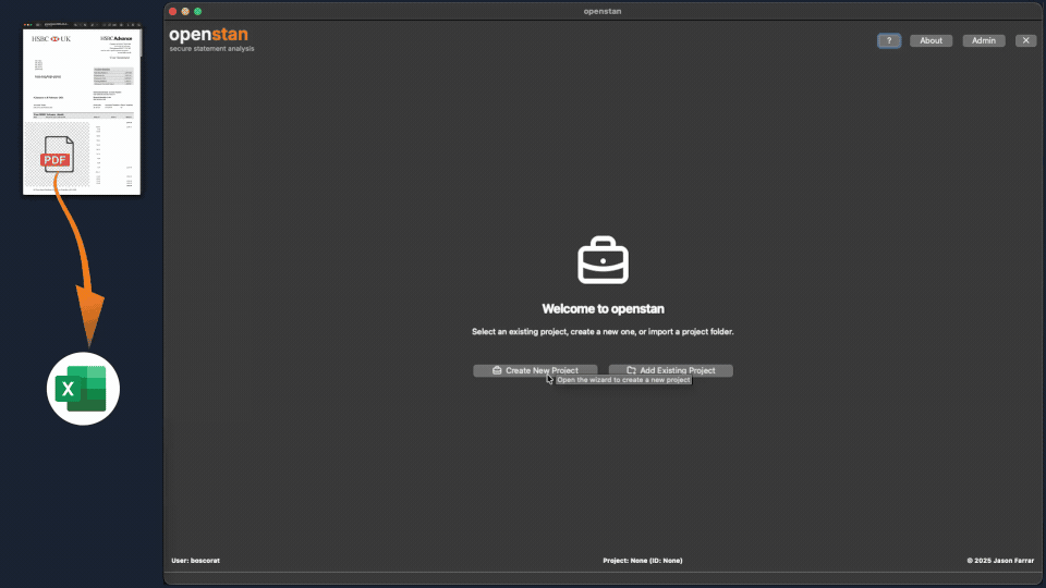 openstan walkthrough — create a project, import bank statement PDFs, review results